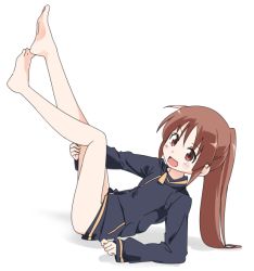 Rule 34 | 1girl, bare legs, barefoot, bottomless, female focus, long sleeves, looking at viewer, open mouth, saki (manga), takakamo shizuno, white background