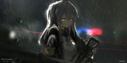 Rule 34 | 1girl, aiming, armband, artist name, black hair, black jacket, character name, closed mouth, collared shirt, copyright name, dated, expressionless, girls&#039; frontline, gun, highres, holding, holding gun, holding weapon, jacket, laser, light, long hair, long sleeves, looking at viewer, night, open clothes, open jacket, outdoors, police, qtian, rain, shirt, solo focus, ump45 (girls&#039; frontline), upper body, water, weapon, white shirt, yellow eyes
