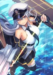 Rule 34 | 1girl, absurdres, armpits, arrow (projectile), azur lane, bare shoulders, belt, black belt, black coat, black necktie, black skirt, black thighhighs, bow (weapon), breasts, coat, collarbone, collared shirt, commentary, compound bow, drawing bow, enterprise (azur lane), flight deck, from above, full body, gold trim, hair between eyes, hat, highres, holding, holding bow (weapon), holding weapon, large breasts, long hair, long sleeves, looking at viewer, military hat, necktie, ocean, off shoulder, open clothes, open coat, peaked cap, pleated skirt, purple eyes, shimotsuki shio, shirt, sidelocks, silver hair, skirt, sleeveless, sleeveless shirt, smile, solo, standing, standing on liquid, standing on one leg, thighhighs, underbust, v-shaped eyebrows, weapon, white hat, white shirt, zettai ryouiki