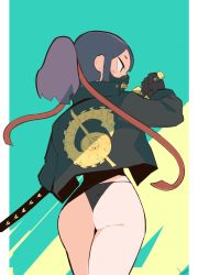 Rule 34 | 1girl, absurdres, akisas99, ass, black gloves, black jacket, black panties, blue background, commentary, dragon print, english commentary, from behind, gloves, hair ribbon, highres, holding, holding sword, holding weapon, jacket, katana, long sleeves, mask, mouth mask, no pants, original, panties, ponytail, print jacket, profile, purple hair, red ribbon, ribbon, short eyebrows, solo, sword, thick eyebrows, two-tone background, underwear, weapon, yellow background