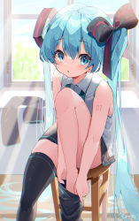 Rule 34 | :o, absurdly long hair, black skirt, black thighhighs, blue eyes, blue hair, blush, collared shirt, commentary, day, hair ribbon, hatsune miku, highres, holding, holding clothes, holding legwear, indoors, koyubita, leg up, legs, long hair, looking at viewer, miniskirt, putting on legwear, ribbon, shirt, signature, sitting, skirt, sleeveless, sleeveless shirt, solo, stool, thighhighs, twintails, very long hair, vocaloid, white shirt, window, wooden stool