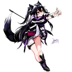 Rule 34 | 1girl, animal ears, black hair, blush, dated, ejami, ekko (ejami), fox ears, fox girl, fox tail, long hair, original, red eyes, signature, simple background, smile, solo, tail, twintails, white background