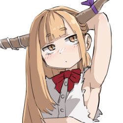 Rule 34 | 1girl, arm behind head, arm up, armpits, bow, bowtie, breasts, buttons, highres, horns, ibuki suika, kani onigiri (shottare), long hair, looking away, no bra, oni, oni horns, orange eyes, orange hair, red bow, red bowtie, shirt, sideboob, simple background, sleeveless, sleeveless shirt, small breasts, solo, touhou, upper body, white background, white shirt