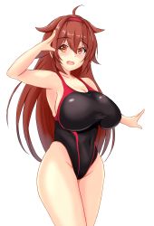 Rule 34 | 1girl, black one-piece swimsuit, breasts, brown eyes, brown hair, cleavage, competition swimsuit, covered navel, cowboy shot, hair flaps, hairband, highleg, highleg swimsuit, highres, kantai collection, large breasts, long hair, looking at viewer, montemasa, one-hour drawing challenge, one-piece swimsuit, red hairband, salute, shiratsuyu (kancolle), shiratsuyu kai ni (kancolle), simple background, solo, swimsuit, white background