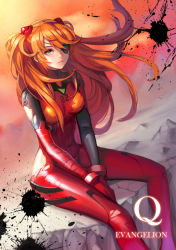 Rule 34 | 10s, 1girl, absurdres, ask (dreaming cat), blue eyes, bodysuit, breasts, breasts apart, copyright name, evangelion: 3.0 you can (not) redo, eyepatch, from side, hair between eyes, hair ornament, highres, long hair, neon genesis evangelion, one eye covered, orange hair, outdoors, parted bangs, plugsuit, rebuild of evangelion, sitting, solo, souryuu asuka langley, spread legs, torn bodysuit, torn clothes, twintails, two side up, very long hair