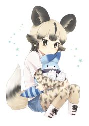 Rule 34 | 1girl, :/, african wild dog (kemono friends), african wild dog print, animal ears, animal print, black eyes, black hair, bodystocking, closed mouth, cropped legs, cutoffs, dog ears, dog girl, dog tail, extra ears, hug, kemono friends, knees up, kuromitsu (9633 kmfr), layered sleeves, long sleeves, lucky beast (kemono friends), medium hair, multicolored hair, parted bangs, shirt, short over long sleeves, short sleeves, shorts, sidelocks, sitting, tail, two-tone hair