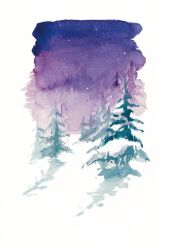 Rule 34 | artworksmil, forest, nature, night, night sky, no humans, original, painting (medium), pine tree, purple sky, scenery, sky, snow, snowing, traditional media, tree, watercolor (medium)