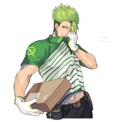 Rule 34 | 1boy, abs, achilles (fate), alternate costume, belt, box, cardboard box, clothes lift, delivery, denim, fate/apocrypha, fate/grand order, fate (series), gloves, goya (xalbino), green hair, holding, jeans, looking at viewer, male focus, manly, multicolored hair, navel, pants, shirt, shirt lift, short sleeves, signature, smile, solo, sweat, toned, toned male, upper body, v-neck, white background, white gloves, wiping sweat, yellow eyes