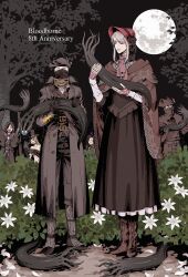 Rule 34 | arizuka (catacombe), arms up, ascot, belt, belt buckle, black gloves, black sky, bloodborne, bonnet, brown cloak, buckle, bush, character request, cloak, closed eyes, coat, doll, doll joints, flower, gloves, grey hair, hat, height difference, highres, hood, hunter (bloodborne), joints, mask, moon, mouth mask, night, night sky, one eye closed, plain doll, red ascot, scarf, sky, smile, squid, standing, swept bangs, top hat, tree, tricorne
