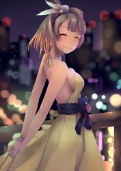 Rule 34 | 10s, 1girl, ^ ^, alternate hair length, alternate hairstyle, arms behind back, bow, breasts, brown hair, closed eyes, dress, hair bow, highres, jewelry, looking back, love live!, love live! school idol project, minami kotori, nail polish, necklace, night, no bra, side ponytail, sideboob, smile, solo, sunga2usagi, swept bangs