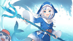 Rule 34 | 1girl, animal hood, bloop (gawr gura), blue eyes, blue hair, blue hoodie, blue jacket, blunt bangs, fins, fish tail, gawr gura, gawr gura (1st costume), hase neet, highres, holding, holding polearm, holding weapon, hololive, hololive english, hood, hoodie, jacket, long sleeves, looking at viewer, multicolored hair, open mouth, polearm, shark hood, shark tail, sharp teeth, short hair, tail, teeth, trident, two-tone hair, upper teeth only, virtual youtuber, wallpaper, waves, weapon, white hair