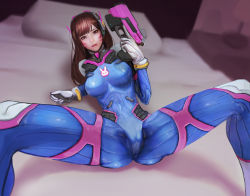 Rule 34 | 1girl, animal print, asboothig, ass, blue bodysuit, bodysuit, breasts, brown eyes, brown hair, cameltoe, charm (object), d.va (overwatch), facepaint, facial mark, foreshortening, gloves, gun, handgun, headphones, high collar, highres, holding, holding gun, holding weapon, indoors, lamp, long hair, looking at viewer, lying, medium breasts, on back, on bed, open mouth, overwatch, overwatch 1, pilot suit, pink lips, pistol, rabbit print, ribbed bodysuit, shoulder pads, skin tight, solo, spread legs, swept bangs, table, trigger discipline, weapon, whisker markings, white gloves