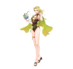 Rule 34 | 1girl, absurdres, bare arms, blonde hair, blue eyes, breasts, cape, cleavage, coconut, collarbone, covered navel, drinking straw, earrings, feet, female focus, fingernails, fire emblem, fire emblem: the sacred stones, fire emblem heroes, fruit cup, full body, green cape, highres, holding, jewelry, long hair, looking at viewer, medium breasts, nintendo, official art, one-piece swimsuit, parted bangs, parted lips, sandals, selena (fire emblem: the sacred stones), selena (summer) (fire emblem: the sacred stones), shiny skin, simple background, solo, swimsuit, thigh strap, thighs, toeless footwear, toes, wada sachiko, white background