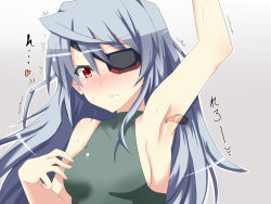 Rule 34 | 10s, 1girl, arm up, armpits, blush, eyepatch, female focus, halterneck, infinite stratos, laura bodewig, licking, licking armpit, long hair, looking at viewer, red eyes, silver hair, simple background, solo focus, sweat, tongue, trembling, upper body, wallpaper