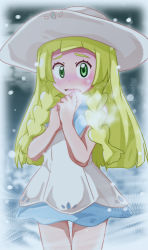 Rule 34 | 1girl, blonde hair, blush, braid, cold, creatures (company), dress, game freak, green eyes, hand to own mouth, hands up, hat, have to pee, lillie (pokemon), looking at viewer, nintendo, open mouth, own hands together, pokemon, pokemon sm, shishinon, sleeveless, sleeveless dress, snow, snowing, solo, standing, steam, sun hat, thigh gap, twin braids, wavy mouth, white dress, white hat