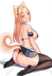 Rule 34 | 1girl, absurdres, animal ears, apron, aqua eyes, ass, back, barbell piercing, bare shoulders, bikini, bikini top only, black bikini, black panties, black skirt, black thighhighs, blonde hair, clothes lift, detached sleeves, dog ears, dog girl, dog tail, ear piercing, extra ears, feet, fran (gudanco (nyanmeowzer)), from behind, gudanco (nyanmeowzer), halterneck, highres, lifting own clothes, lips, long hair, looking at viewer, looking back, maid apron, maid headdress, miniskirt, multiple piercings, no shoes, original, panties, parted lips, piercing, pleated skirt, puffy short sleeves, puffy sleeves, short sleeves, sitting, skirt, skirt lift, smile, soles, solo, swimsuit, tail, thick eyebrows, thick thighs, thighhighs, thighs, thong, underwear, wariza, white apron, white background