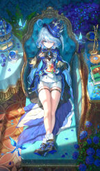 Rule 34 | 1girl, ahoge, ascot, asymmetrical gloves, balance scale, black ascot, black gloves, blue flower, blue gemstone, blue hat, blue rose, blue theme, blueberry, book, chair, crystalfly (genshin impact), cup, cupcake, fish tank, flower, food, fruit, furina (genshin impact), gavel, gem, genshin impact, gloves, hat, hebbtia, high heels, highres, holding, holding plate, holding spoon, lying, macaron, mismatched gloves, multicolored hair, plate, pudding, rose, saucer, shoes, shorts, smile, solo, spoon, strawberry, streaked hair, tea, teacup, vision (genshin impact), weighing scale, white gloves, white hair