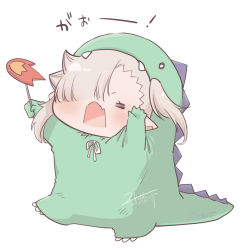 Rule 34 | 1girl, = =, animal costume, blush, chibi, closed eyes, dragon costume, fang, full body, grey hair, hair over one eye, highres, holding, ishikawa luna, nikki kyousuke, open mouth, original, pointy ears, side ponytail, simple background, solo, standing, standing on one leg, translation request, white background
