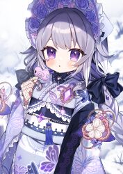 Rule 34 | 1girl, animal print, blush, bonnet, butterfly print, gloves, grey hair, hair flaps, highres, holding pacifier, hololive, hololive english, japanese clothes, jewel under eye, kimono, koseki bijou, koseki bijou (new year), lace, lace-trimmed gloves, lace trim, long hair, looking at viewer, noi mine, official alternate costume, open mouth, pacifier, purple eyes, purple headwear, solo, virtual youtuber, white kimono