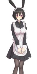 Rule 34 | 1girl, alternate costume, apron, black dress, black hair, black pantyhose, blush, breasts, dress, elfenlied22, enmaided, fate/grand order, fate (series), head wings, highres, holding, holding plate, large breasts, maid, maid apron, maid headdress, ortlinde (fate), pantyhose, plate, red eyes, short dress, short hair, simple background, smile, solo, valkyrie (fate), white background, wings