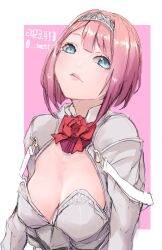 Rule 34 | 1girl, ark royal (kancolle), blue eyes, blunt bangs, bob cut, bow, breasts, cleavage cutout, clothing cutout, flower, hairband, highres, jacket, kantai collection, lips, long sleeves, looking at viewer, medium breasts, n-mori, one-hour drawing challenge, red bow, red flower, red hair, red ribbon, red rose, ribbon, rose, short hair, solo, tiara, upper body, white jacket