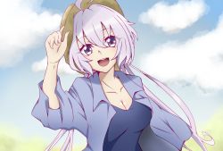 Rule 34 | 1girl, :d, blurry, blurry background, breasts, cleavage, cloud, hair between eyes, highres, kanaden, large breasts, long hair, looking at viewer, open mouth, photo-referenced, purple eyes, purple hair, senki zesshou symphogear, smile, solo, twintails, yukine chris