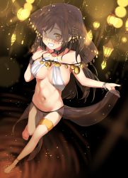 Rule 34 | 1girl, absurdres, anklet, backlighting, bad id, bad pixiv id, bare legs, barefoot, black hair, bracelet, breasts, brown eyes, brown hair, choker, collarbone, dutch angle, floating, floating object, foreshortening, full body, hand on own chest, highres, holding, jewelry, kawai (purplrpouni), lantern, large breasts, leg up, loincloth, long hair, navel, original, parted lips, revealing clothes, see-through, solo, splashing, stomach, teeth, thigh gap, thigh strap, underboob, veil, very long hair, walking, walking on liquid, water, water drop, wristband