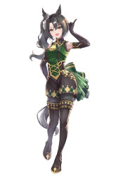Rule 34 | 1girl, animal ears, bare shoulders, black footwear, black gloves, black hair, black pantyhose, black shorts, blush, commentary request, ear ornament, elbow gloves, full body, gloves, green eyes, horse ears, horse girl, horse tail, long hair, multicolored hair, open mouth, pantyhose, peperoncino-sama, pointing, pointing up, ponytail, satono crown (umamusume), shirt, shorts, simple background, sleeveless, sleeveless shirt, smile, streaked hair, tail, umamusume, white background, white hair