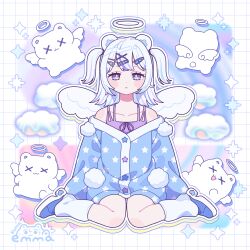 1girl angel angel_wings animal_ears artist_logo bear bear_ears bear_girl blush_stickers cardigan cloud commentary emma_(kumaema) full_body grid_background hair_ornament hairclip halo highres logo long_sleeves looking_at_viewer medium_hair off_shoulder original oversized_clothes pom_pom_(clothes) purple_eyes sitting socks solo star_(symbol) star_button star_print symbol-only_commentary two_side_up wariza white_hair wings x_hair_ornament