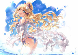 Rule 34 | 1girl, ass, bikini, black bow, blonde hair, blue eyes, blue sky, blush, bow, breasts, day, elf, floating hair, flower, hair bow, hair flower, hair ornament, highres, large breasts, layered bikini, long hair, looking at viewer, open mouth, outdoors, pointy ears, ponytail, princess connect!, saren (princess connect!), saren (summer) (princess connect!), see-through, side-tie bikini bottom, sidelocks, sky, smile, solo, splashing, swimsuit, thighs, wading, wet, xin (zinc)