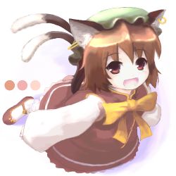 Rule 34 | 1girl, animal ears, brown hair, cat ears, cat girl, cat tail, chen, china dress, chinese clothes, dress, earrings, fang, fangs, female focus, gradient background, hat, jewelry, lowres, multiple tails, red eyes, short hair, solo, tail, touhou, tsubasa (abchipika)