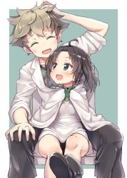 Rule 34 | 1boy, 1girl, ^ ^, baakurou, black eyes, black footwear, black hair, black pants, blush, boots, chair, closed eyes, commentary request, dress, dress shirt, closed eyes, green background, green shirt, hand on own head, kemurikusa, leg up, legs, looking at another, looking back, messy hair, open mouth, outside border, pants, riri (kemurikusa), shirt, short dress, sleeves rolled up, smile, spoilers, straddling, sweatdrop, wakaba (kemurikusa), white dress, white shirt