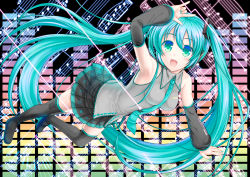 Rule 34 | 1girl, :d, aqua eyes, aqua hair, arm up, armpits, bad id, bad pixiv id, bare shoulders, bass clef, beamed quavers, black thighhighs, blush, boots, detached sleeves, hatsune miku, long hair, m/, musical note, necktie, open mouth, quaver, sharp sign, shigemiya kyouhei, skirt, smile, solo, thigh boots, thighhighs, treble clef, twintails, very long hair, vocaloid
