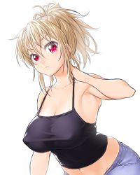 Rule 34 | 1girl, :&lt;, blonde hair, breasts, camisole, cleavage, closed mouth, covered erect nipples, female focus, hair between eyes, hand on own neck, large breasts, leaning forward, long hair, looking at viewer, midriff, navel, onsoku inu, original, ponytail, red eyes, simple background, sketch, solo, taut clothes, upper body, white background