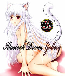 Rule 34 | 00s, 1girl, animal ears, barefoot, blush, breasts, illusionk, long hair, magician&#039;s academy, medium breasts, miyabi (macademi wasshoi), miyabi (magician&#039;s academy), nipples, nude, purple eyes, silver hair, solo, tail, tiger ears, tiger tail, very long hair