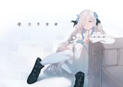 Rule 34 | 1girl, absurdres, aiyouyou, arm rest, black footwear, blue dress, blue flower, blue hair, boots, chinese commentary, commentary request, couch, dress, flower, full body, grey eyes, grey hair, hair flower, hair ornament, hair over one eye, highres, isekai joucho, kamitsubaki studio, long hair, long sleeves, looking at viewer, multicolored hair, pantyhose, parted lips, sitting, solo, two-tone dress, two-tone hair, very long hair, virtual youtuber, white background, white dress, white pantyhose
