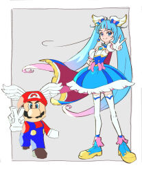 Rule 34 | 1boy, 1girl, ahoge, blue cape, blue eyes, blue hair, blue overalls, bow, brown hair, cape, commentary, cure sky, detached sleeves, earrings, facial hair, fingerless gloves, full body, gloves, highres, hiiron, hirogaru sky! precure, jewelry, magical girl, mario, mario (series), mustache, nintendo, overalls, pink bow, pink hair, precure, puffy detached sleeves, puffy sleeves, single sidelock, smile, sora harewataru, super mario 64, twintails, two-sided cape, two-sided fabric, v, white gloves, wing hair ornament