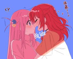 Rule 34 | 2girls, black choker, blue background, blue eyes, blush, bocchi the rock!, choker, closed eyes, closed mouth, commentary request, cube hair ornament, gotoh hitori, hair ornament, hair wagging, highres, incoming kiss, jacket, kita ikuyo, long hair, medium hair, motion lines, multiple girls, one side up, open mouth, orange shirt, pink hair, pink jacket, red hair, shigure (sigre), shirt, short sleeves, sidelocks, simple background, sweat, twitter username, upper body, yuri