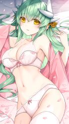 Rule 34 | 1girl, bare shoulders, blush, bra, breasts, cleavage, commentary request, dragon girl, dragon horns, fate/grand order, fate (series), green hair, highres, horns, kiyohime (fate), large breasts, long hair, long sleeves, looking at viewer, morizono shiki, navel, off shoulder, panties, solo, stomach, underwear, white bra, white panties, wide sleeves, yellow eyes