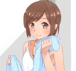 Rule 34 | 10s, 1girl, bare shoulders, brown eyes, brown hair, i-401 (kancolle), kantai collection, looking at viewer, open mouth, ponytail, revision, sailor collar, sakurea, school uniform, short hair, short ponytail, simple background, smile, solo, tan, towel, wet