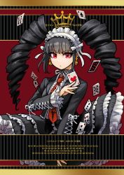 Rule 34 | 1girl, :o, absurdres, black hair, black jacket, black nails, black skirt, card, celestia ludenberg, center frills, crown, danganronpa: trigger happy havoc, danganronpa (series), drill hair, earrings, frilled skirt, frills, highres, holding, holding card, jacket, jewelry, layered skirt, long hair, long sleeves, looking at viewer, nail polish, necktie, open clothes, open jacket, playing card, red background, red eyes, red necktie, skirt, solo, striped, striped background, twin drills, twintails, youko-shima