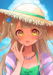 Rule 34 | 1girl, artist name, bad id, bad pixiv id, birthday, breasts, cleavage, cloud, cloudy sky, collarbone, commentary request, dated, day, hat, highres, jewelry, light brown hair, long hair, looking at viewer, love live!, love live! school idol project, minami kotori, miyamae porin, nail polish, necklace, one side up, orange nails, sky, solo, upper body, yellow eyes