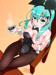 Rule 34 | 10s, 1girl, animal ears, aqua hair, black pantyhose, blush, breasts, chair, cleavage, coffee, crossed legs, cup, detached collar, fake animal ears, green eyes, hair ornament, hairclip, highres, kantai collection, leotard, leotard pull, long hair, looking at viewer, naughty face, one eye closed, pantyhose, playboy bunny, rabbit ears, saucer, sitting, smile, solo, suzuya (kancolle), tongue, tongue out, tsukineko, wrist cuffs