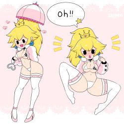 Rule 34 | 1girl, :d, :o, absurdres, ankle ribbon, arm at side, artist name, bikini, black choker, black eyes, blank eyes, blonde hair, blush, blush stickers, borrowed design, breasts, bursting breasts, cameltoe, choker, cleavage, contrapposto, covered erect nipples, cropped jacket, crown, down jacket, earrings, english text, eyelashes, full body, fur collar, groin, hand up, heart, high heels, high ponytail, highleg, highleg bikini, highres, hip focus, holding, holding umbrella, jacket, jewelry, lace background, leg ribbon, legs, letterboxed, long hair, looking at viewer, mario (series), medium breasts, multicolored umbrella, multiple views, navel, nintendo, no shoes, notice lines, open clothes, open jacket, open mouth, paper mario, parasol, pink background, pink footwear, pink jacket, pink ribbon, pink umbrella, princess peach, ribbon, ribbon-trimmed thighhighs, ribbon trim, sataen, skindentation, smile, speech bubble, spread legs, star (symbol), stomach, super star (mario), swimsuit, thick thighs, thighhighs, thighs, umbrella, underboob, white bikini, white jacket, white thighhighs, white umbrella, winter peach, x