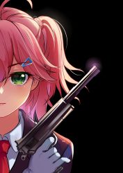 Rule 34 | absurdres, ahoge, alternate costume, black background, closed mouth, collar, dyx217, formal, gloves, green eyes, gun, hair ornament, hairclip, handgun, highres, hitman (game), holding, holding gun, holding weapon, hololive, lips, looking at viewer, medium hair, necktie, one side up, pink hair, pistol, red necktie, sakura miko, solo, suit, virtual youtuber, weapon, white collar, white gloves