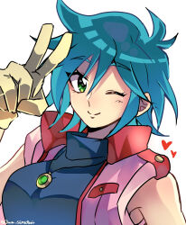Rule 34 | 1girl, ;), allenby beardsley, blue bodysuit, blue hair, bodysuit, breasts, commentary request, g gundam, gloves, green eyes, gundam, highres, jacket, jewelry, looking at viewer, medium breasts, necklace, one eye closed, shiratori (jun siratori), short hair, skin tight, smile, solo, v, yellow gloves