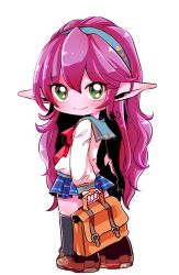 Rule 34 | 1girl, alternate costume, bag, black thighhighs, blue skirt, chibi, full body, green eyes, hairband, league of legends, long hair, looking at viewer, lulu (league of legends), otani (kota12ro08), plaid, plaid skirt, pointy ears, purple hair, school uniform, simple background, skirt, smile, solo, standing, thighhighs, transparent background, twitter username, white background, zettai ryouiki