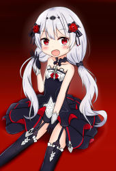 Rule 34 | 1girl, :d, bare shoulders, black dress, black gloves, black ribbon, black thighhighs, blush, collarbone, commentary request, dress, fang, flower, garter straps, gloves, gradient background, hair flower, hair ornament, hair ribbon, hand in own hair, hand up, highres, honkai (series), honkai impact 3rd, jiu (sdesd3205), long hair, looking at viewer, low twintails, open mouth, red background, red eyes, red flower, red rose, ribbon, rose, silver hair, smile, solo, strapless, strapless dress, theresa apocalypse, theresa apocalypse (luna kindred), thighhighs, twintails, very long hair