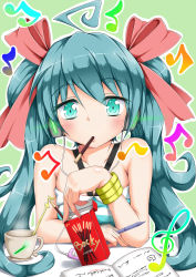 Rule 34 | 1girl, aqua eyes, aqua hair, bad id, bad pixiv id, beamed quavers, bracelet, brand name imitation, cup, digital media player, food, hair ornament, hair ribbon, hatsune miku, headphones, highres, jewelry, listening to music, long hair, looking at viewer, mouth hold, musical note, pen, pocky, quaver, revision, ribbon, solo, spring onion, tjk, treble clef, twintails, vocaloid, yopparai oni