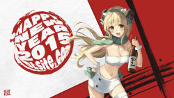 Rule 34 | 1girl, 2015, :d, bandeau, blonde hair, blunt bangs, bottle, breasts, cleavage, dille blood, dlsite.com, floating hair, fringe trim, green scarf, hairband, hand on own hip, happy new year, highres, holding, holding bottle, horns, large breasts, long hair, looking at viewer, midriff, navel, new year, open mouth, parsley-f, sake bottle, scarf, sidelocks, skirt, smile, solo, thighs, wallpaper, white skirt, year of the ram